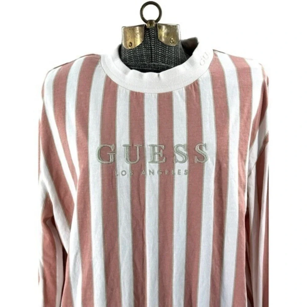 Guess‎ Pink Striped Long Sleeve Crew Neck Shirt Embroidered Guess Logo Women's M